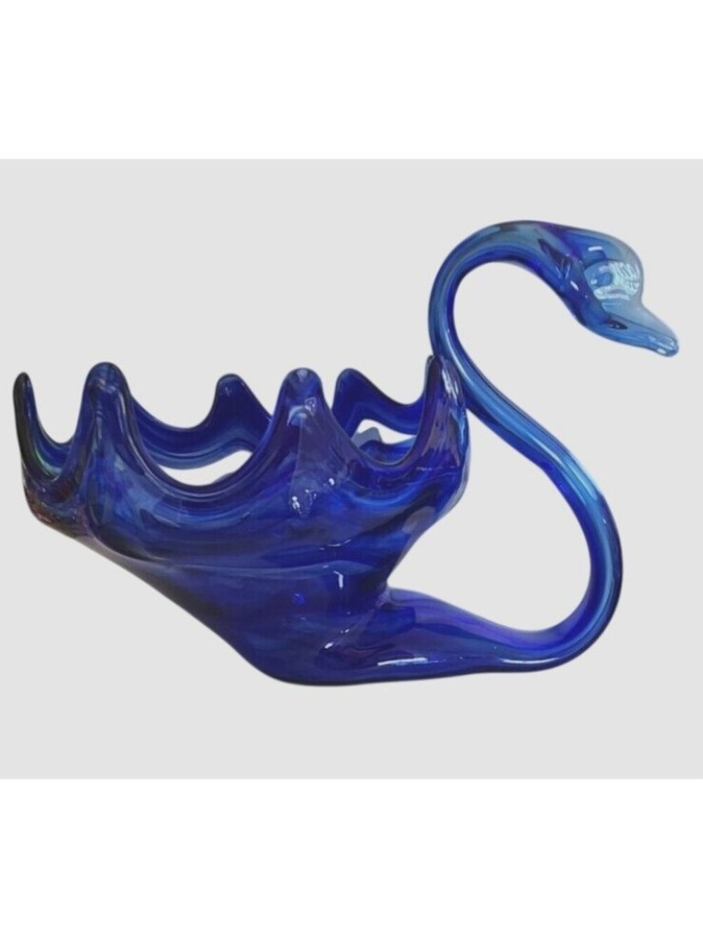 Vintage MCM Cobalt Blue Swan Art Glass candy, bowl, Hand blown bowl vase 7.5" Ta